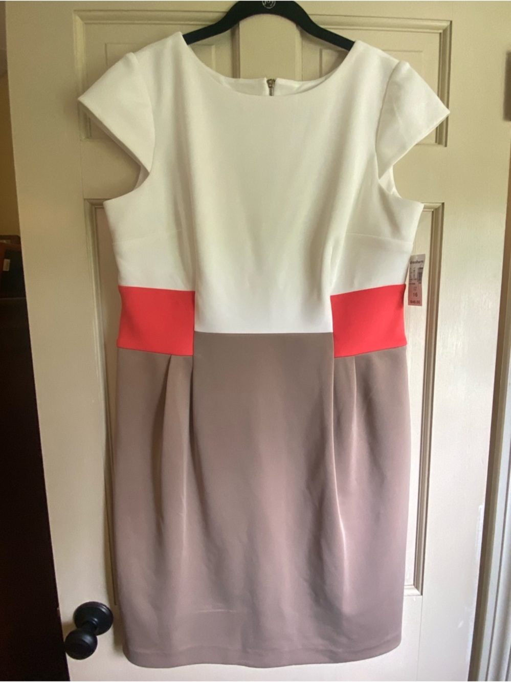 Dressbarn Colorblock Sheath Dress in White, Coral & Taupe